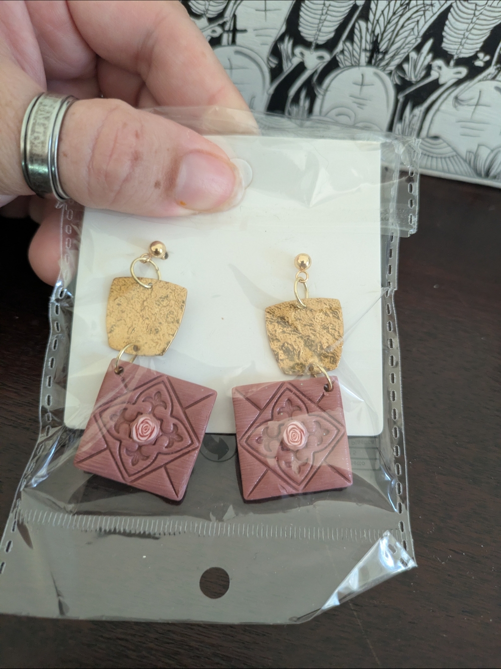 Handmade Gold and Mauve Floral Drop Earrings Polymer Clay Rose Tile Embossed